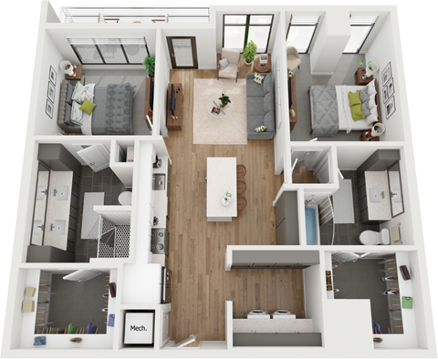 Floor plan for 2 beds, 2 baths, 1139 sqft